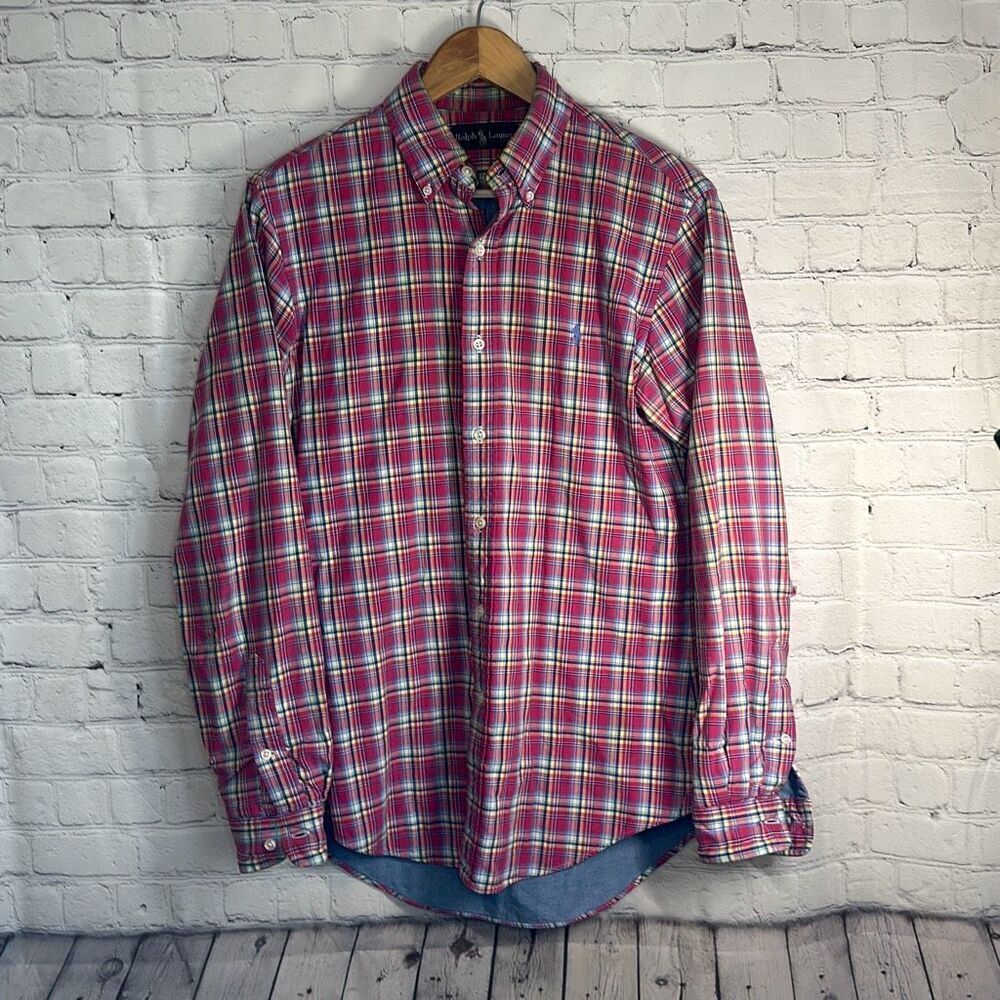 Ralph Lauren Mens Pink Plaid Button‎ Down Shirt Chambray Trim Small
